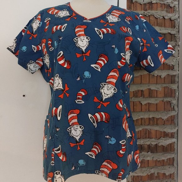 Dr. Seuss Cat In The Hat Scrub Scrubs Top Nurse PSW Caregiver Size L Large - Picture 1 of 3